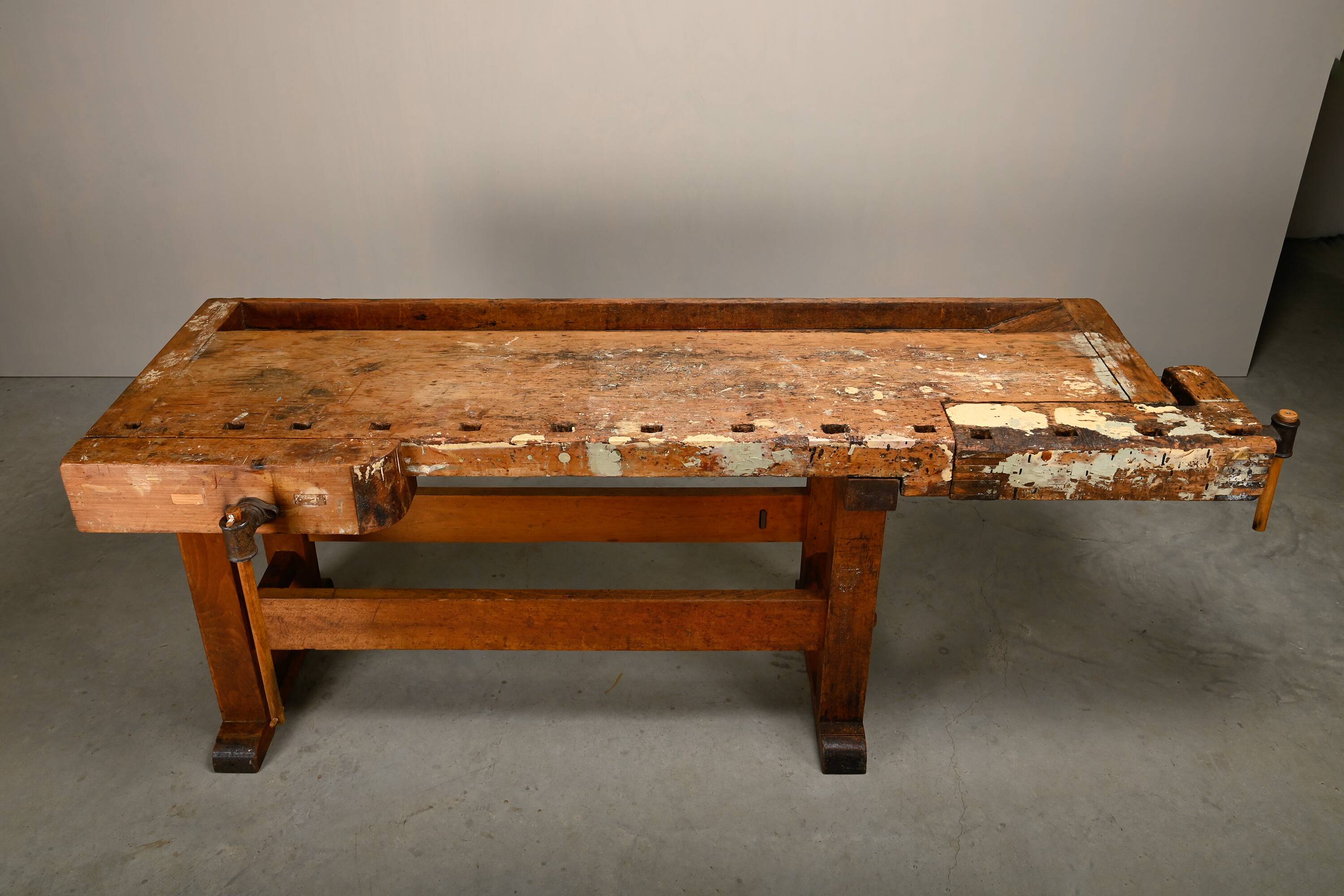 Vintage Wooden Industrial Rustic Carpenter’s Workbench with Two Vises