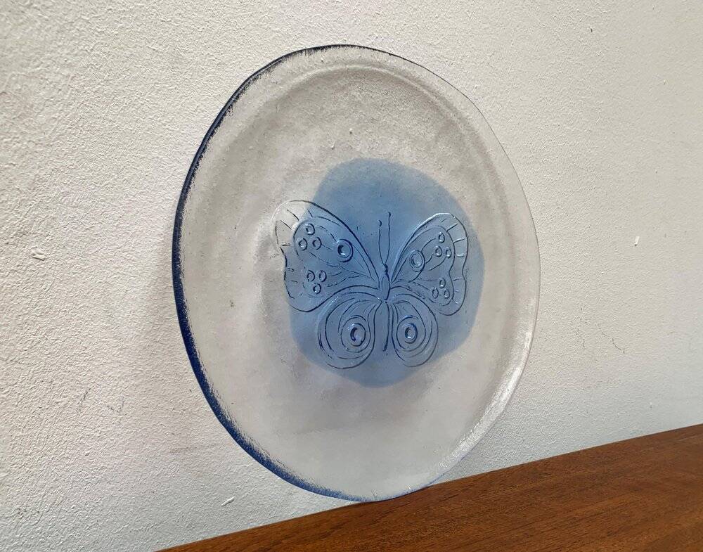 Grande assiette en verre scandinave vintage avec motif papillon, années 1970