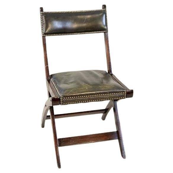 Vintage Walnut Folding Chair in Dark-Green Leather, 1950s