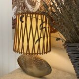 Signed Vallauris lamp, rattan lampshade from the 70s