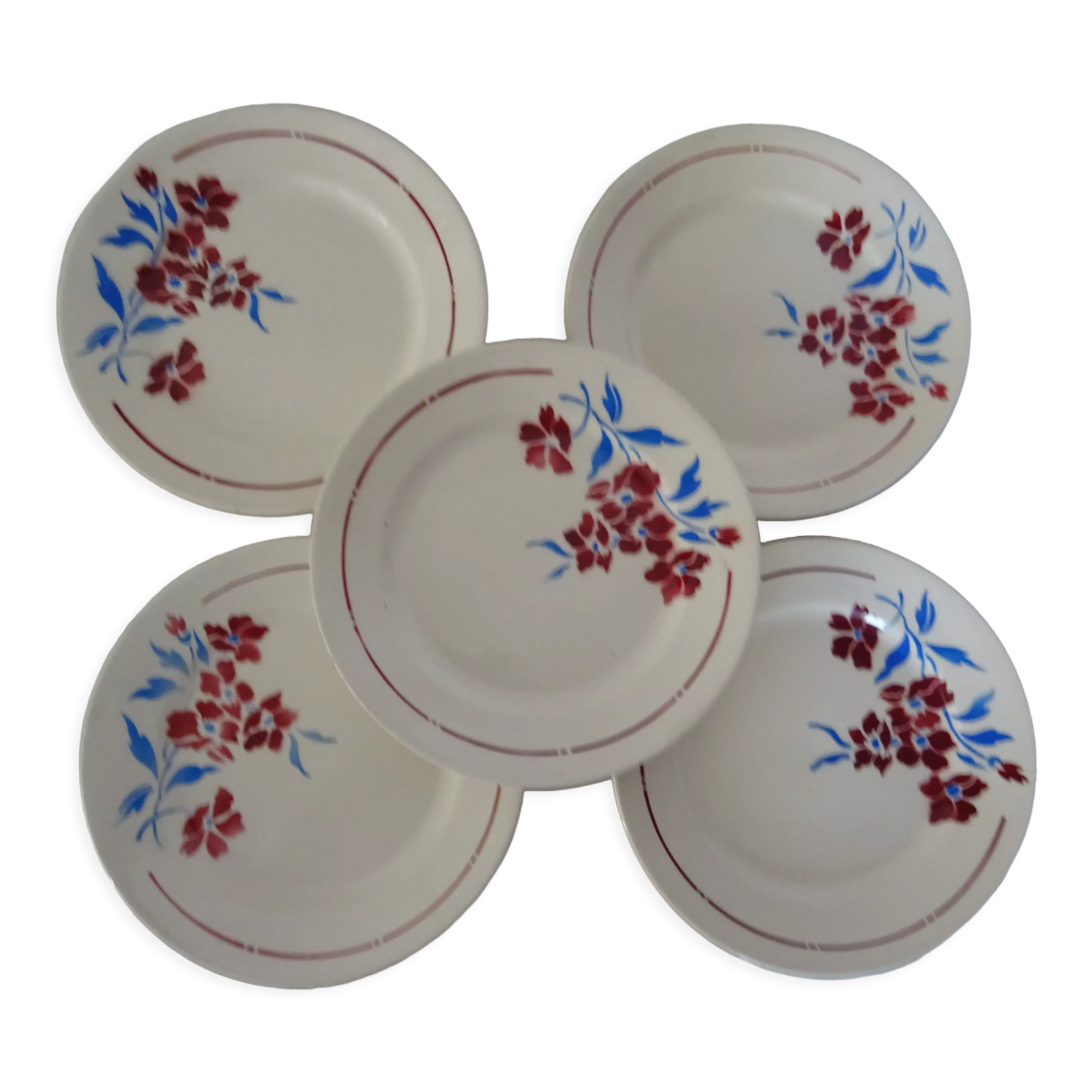 5 plates old faience Badonviller decoration flowers blue-red