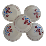 5 assiettes  anciennes faience Badonviller  décor fleurs bleu-rouge