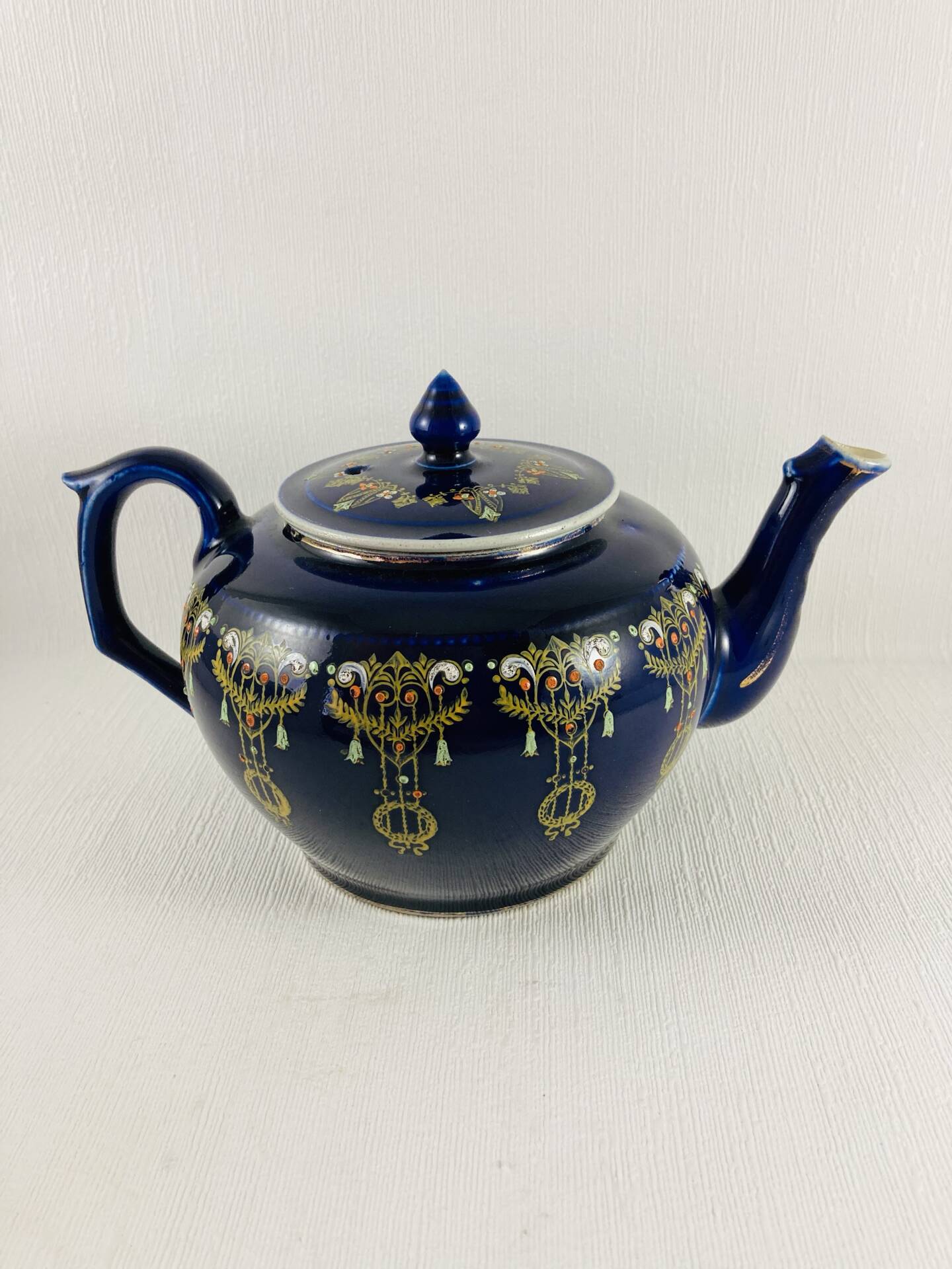 Teapot Earth to Fire Sainte-Uze Cobalt Blue Gold Relief Enamels 19th Century 80cl