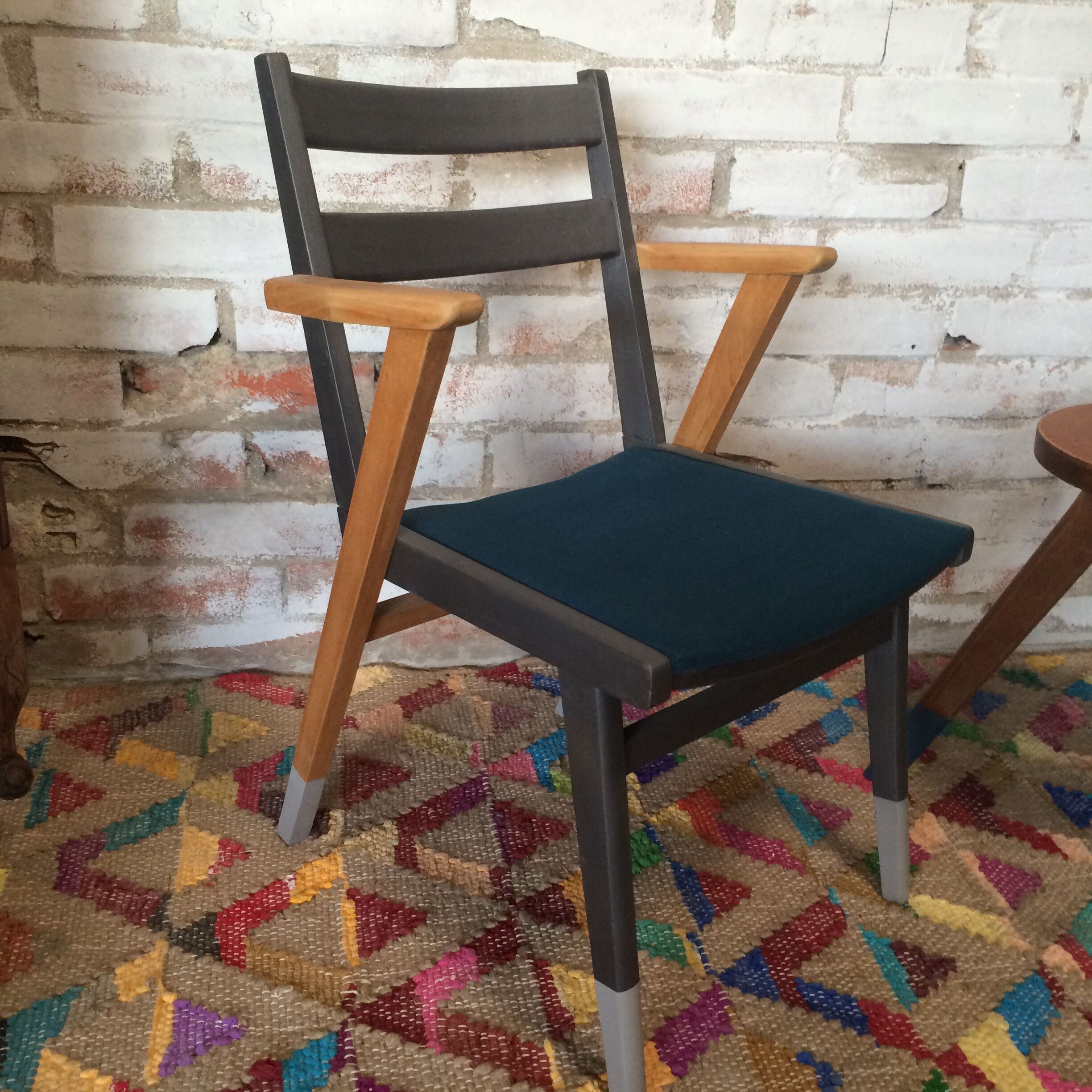 Fauteuil bridge scandinave vintage des années 50 bleu pétrole et gris