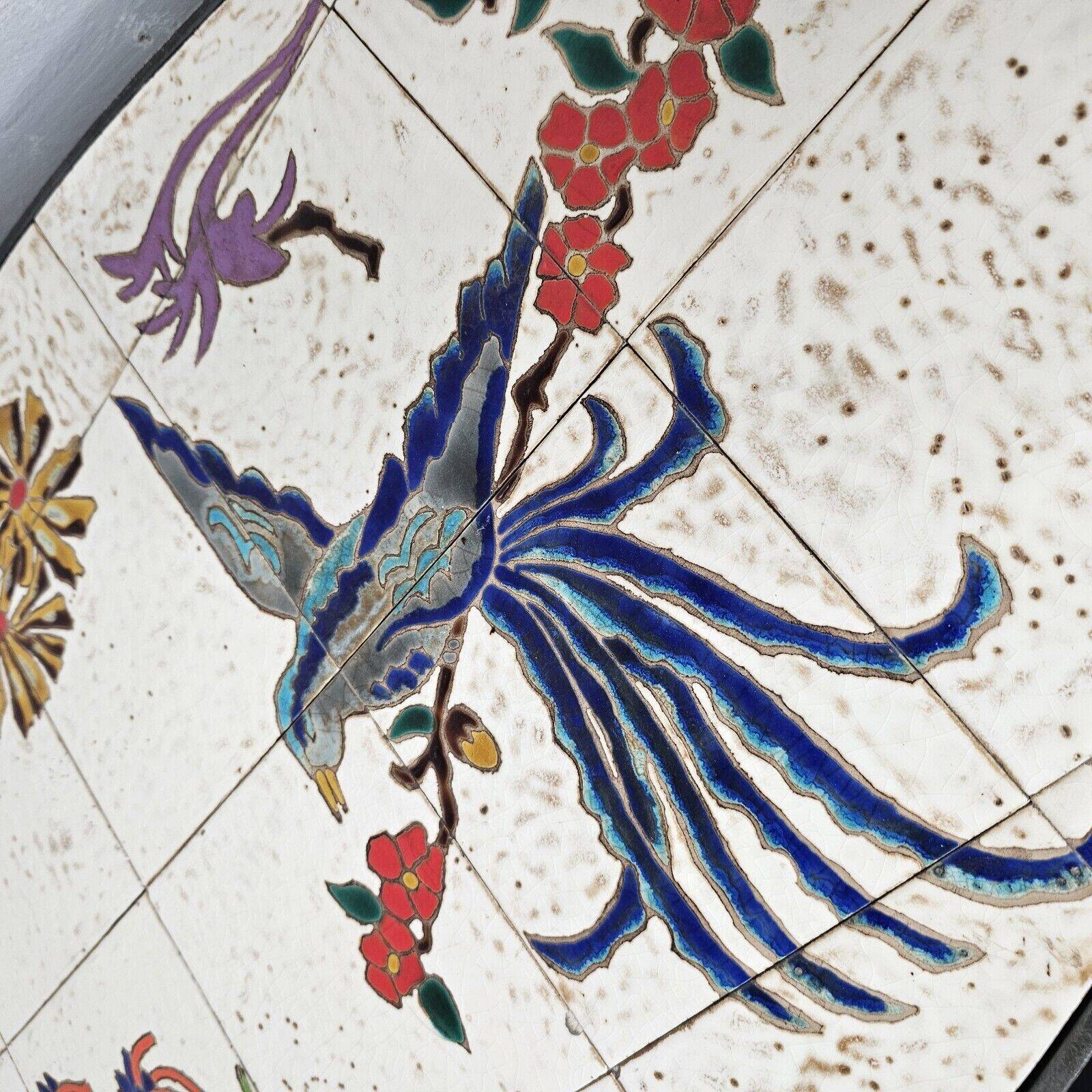 oval coffee table from the 60s, ceramic tray with decoration of flowers and birds