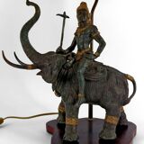 Sculptural lamp in bronze with double patina representing Indra on Airavata