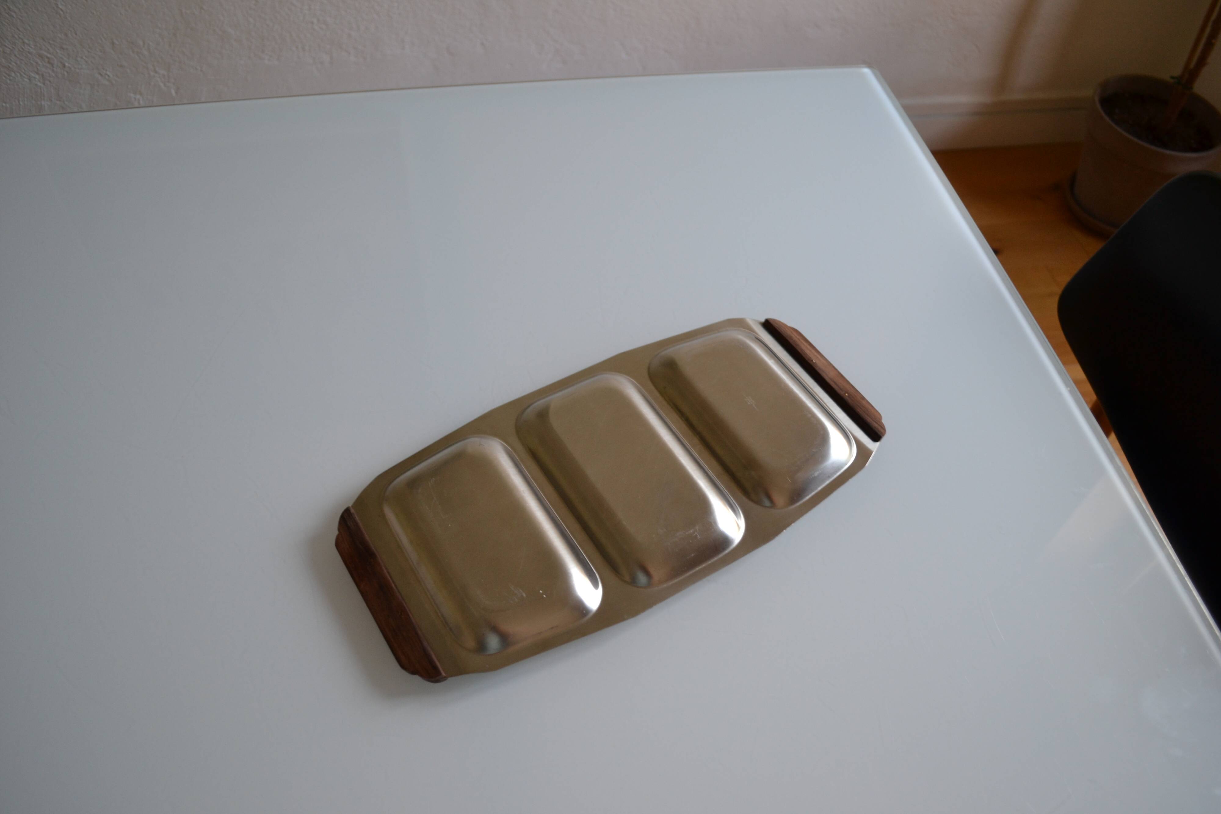 Plat de service vintage inox poignées teck made in Japan