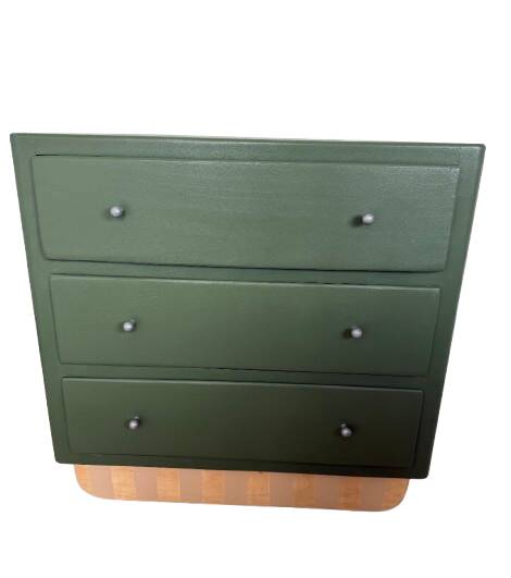 Vintage olive green chest of drawers with striped base