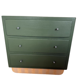Commode vintage vert olive et piètement rayé