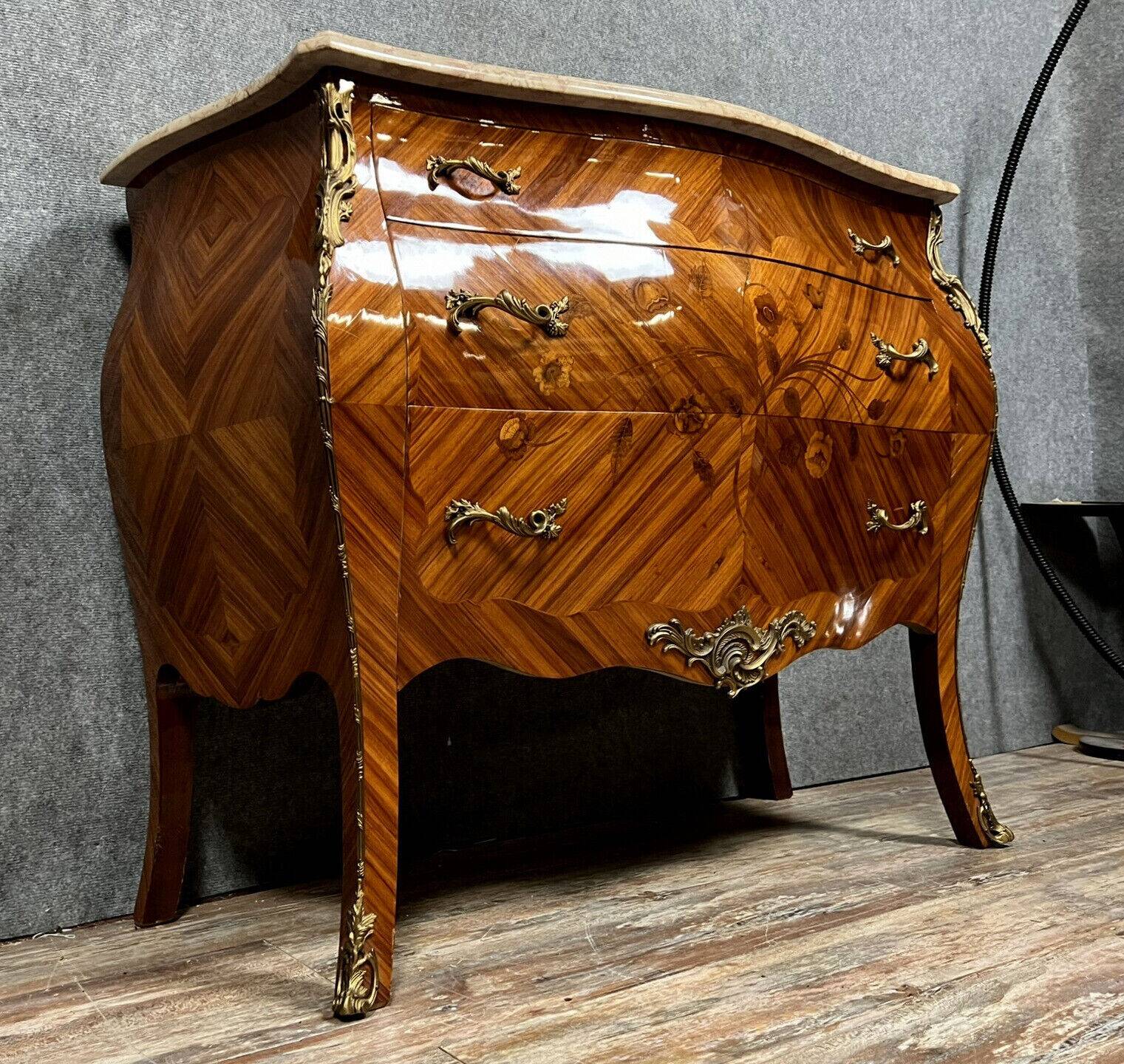 Curved Louis XV style chest of drawers in marquetry, 20th century period