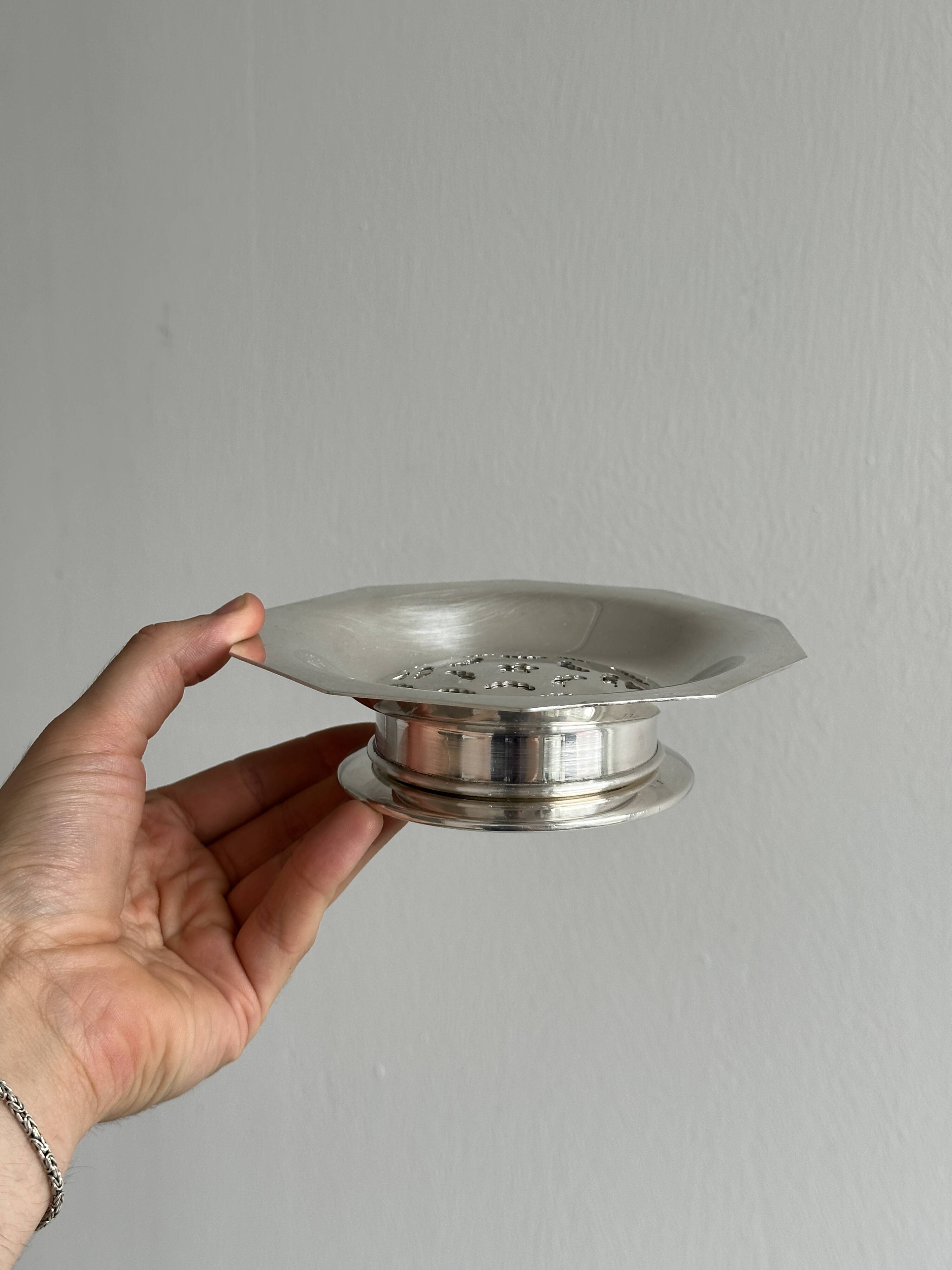 Antique shell butter dish in shiny silver metal