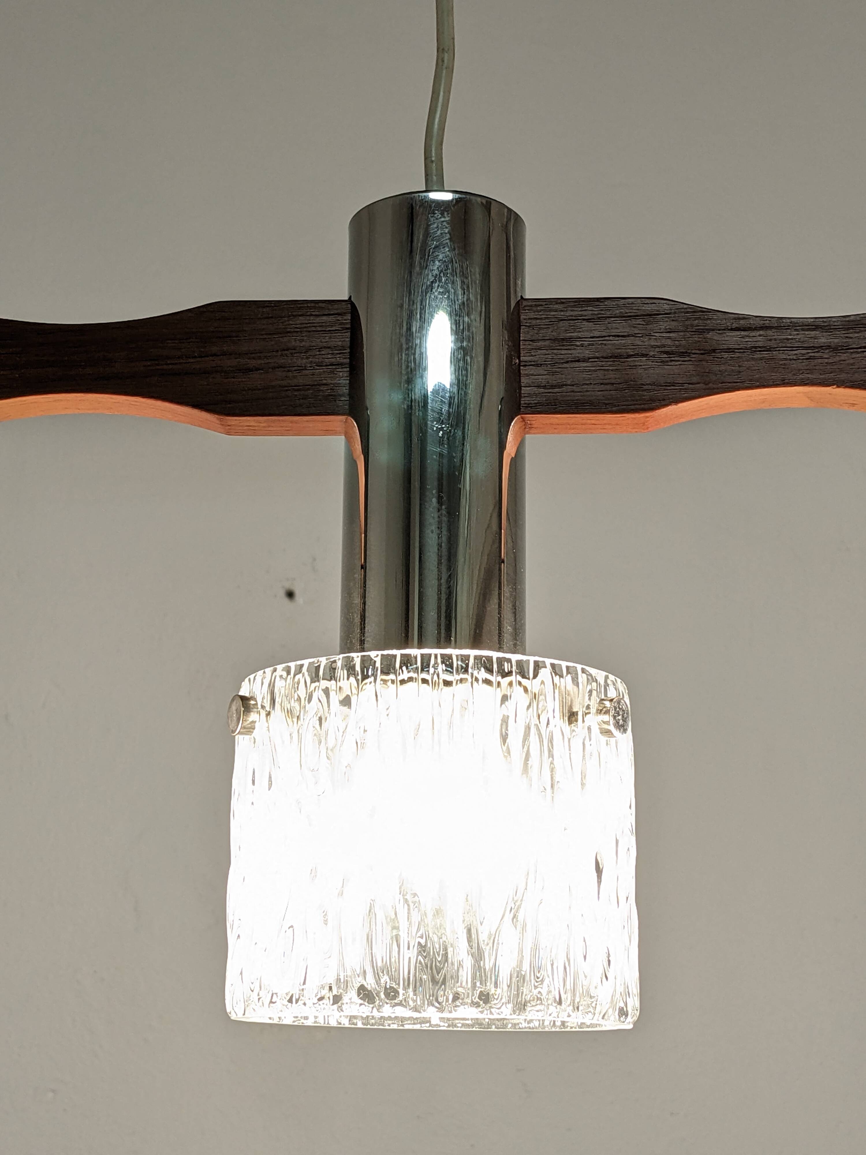 Scandinavian chandelier with 3 lights in teak and glass from the 60s/70s