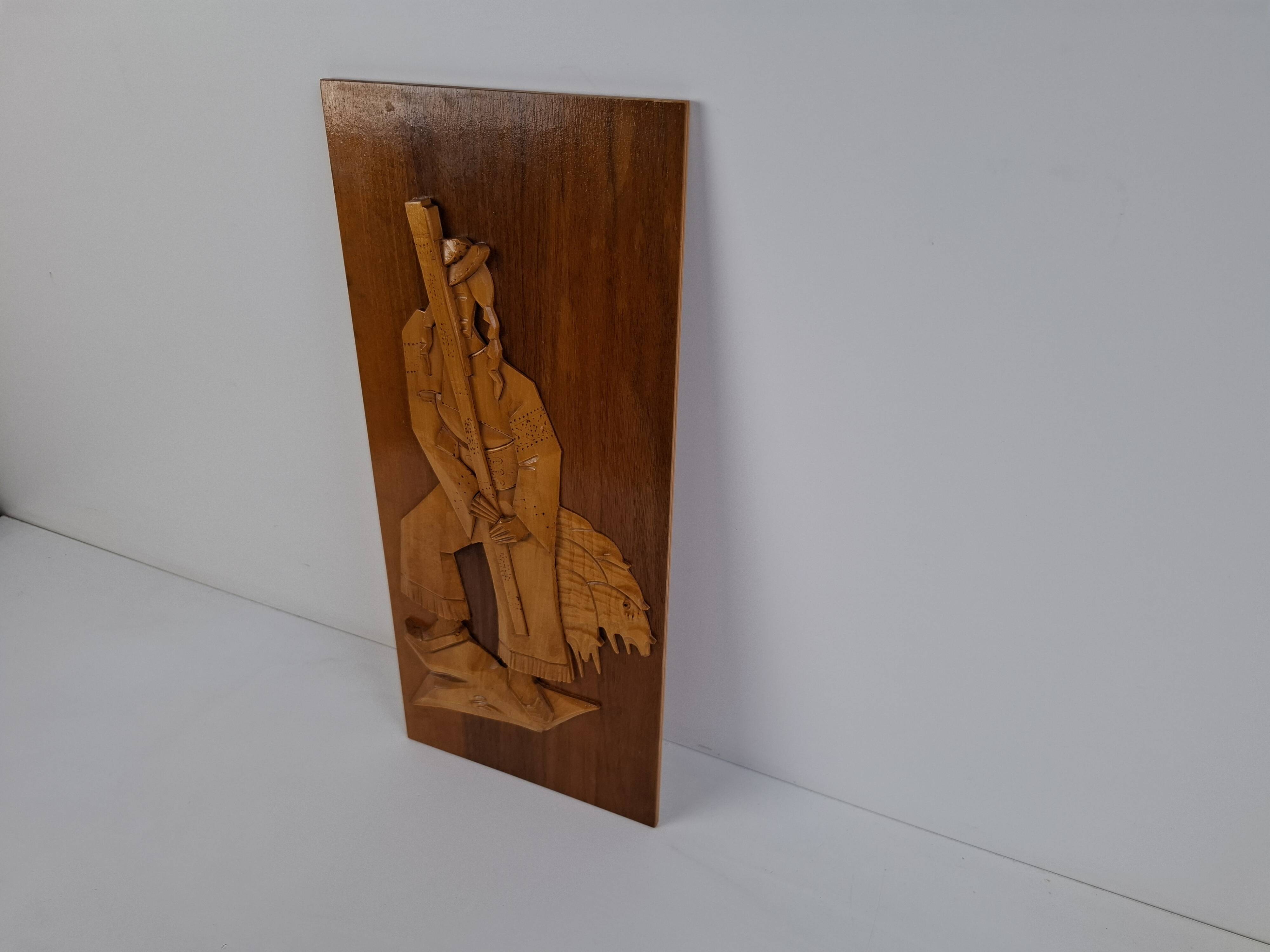 Mid-century Czech hand-carved wooden shepherd wall relief, 1960.