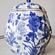 Large vintage Chinese handcrafted glazed ceramic pot with blue flower pattern