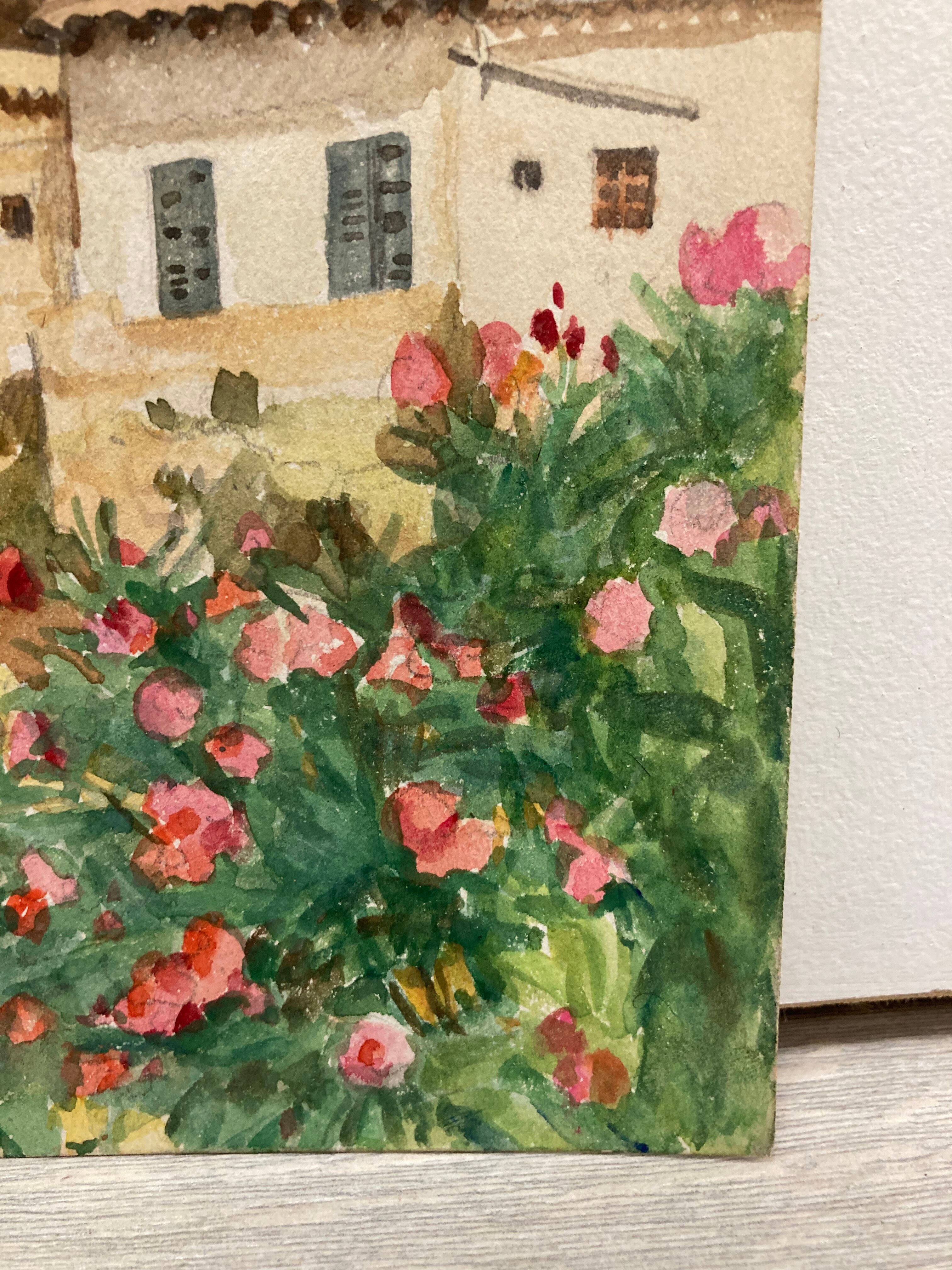 Watercolor landscape with vintage mills