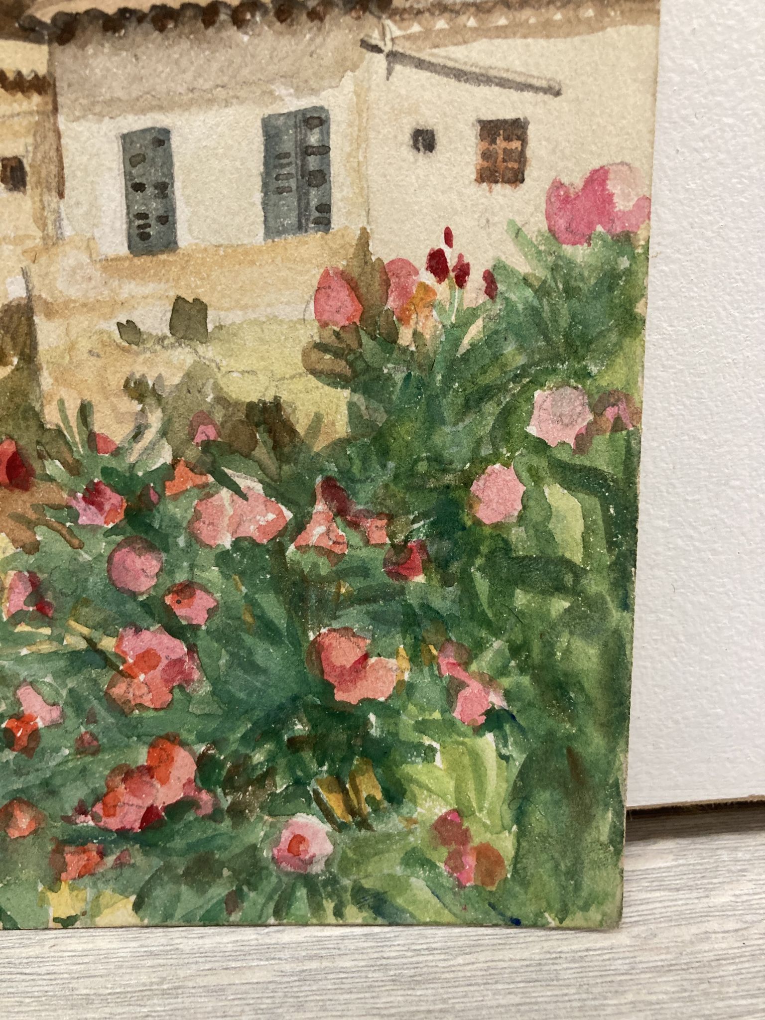Watercolor landscape with vintage mills