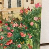 Watercolor landscape with vintage mills