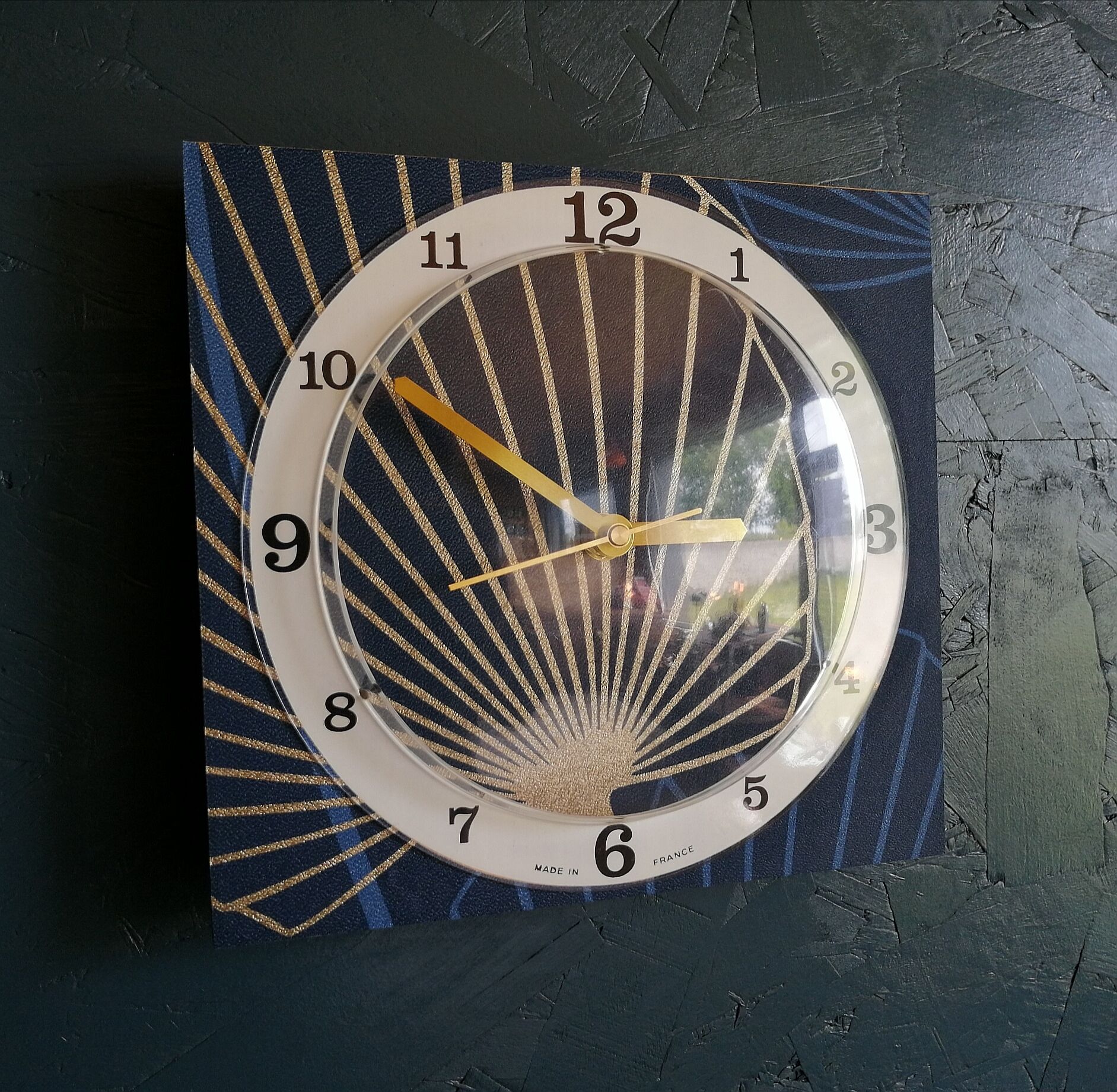 Vintage clock silent rectangular wall pendulum "golden blue vegetable"