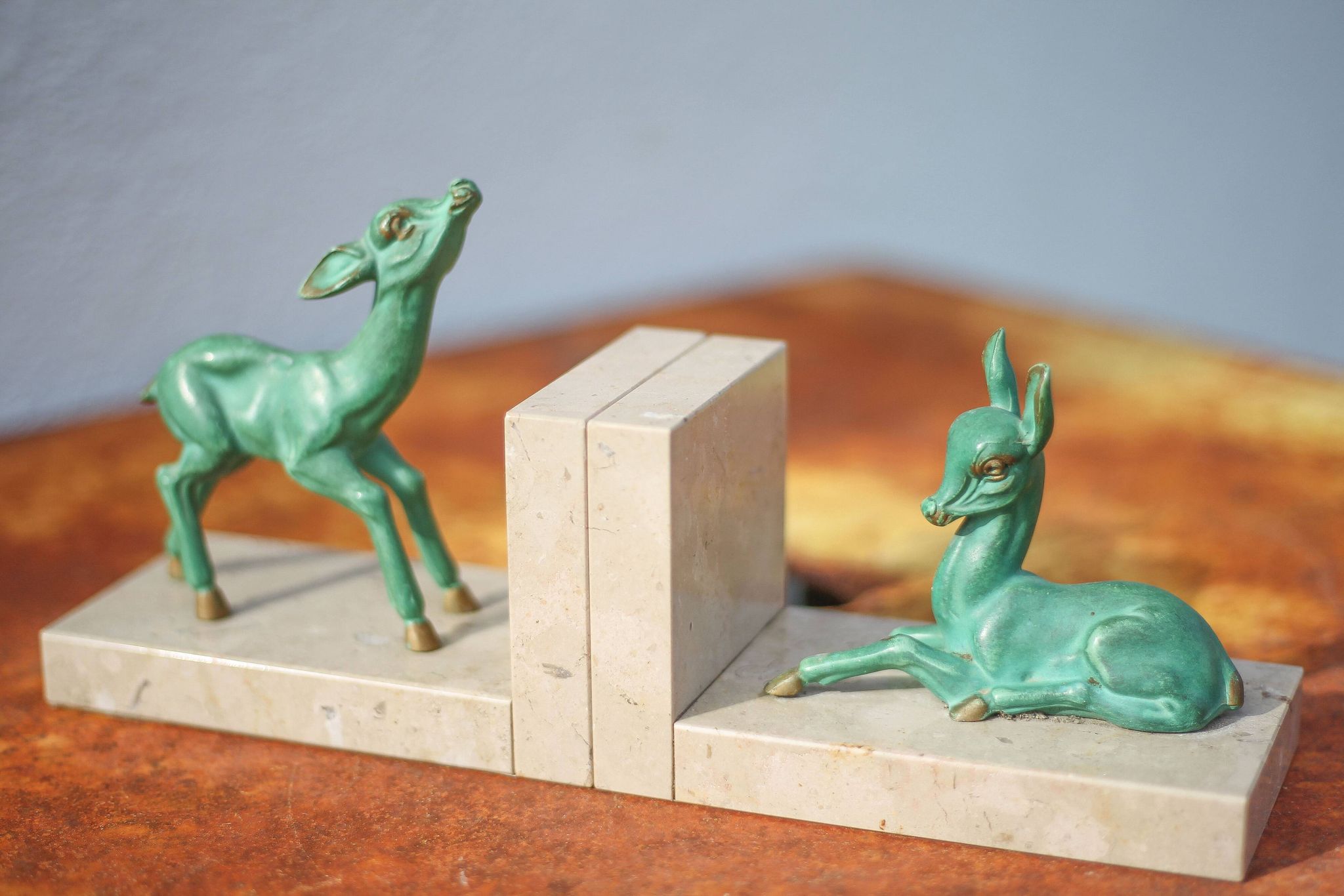 Marble and green patina metal bookends, vintage style bookends, animals, paperweight