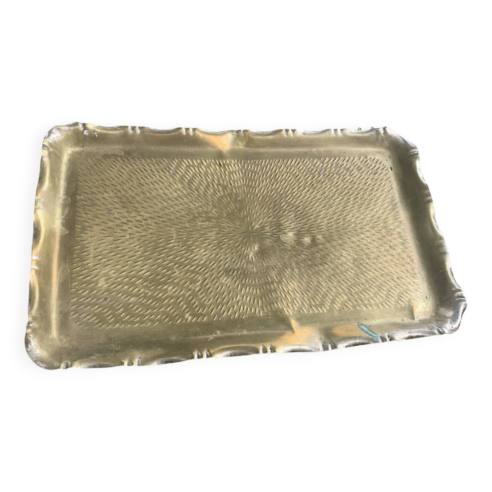 Large rectangular tray in vintage, artisanal and oriental hammered metal