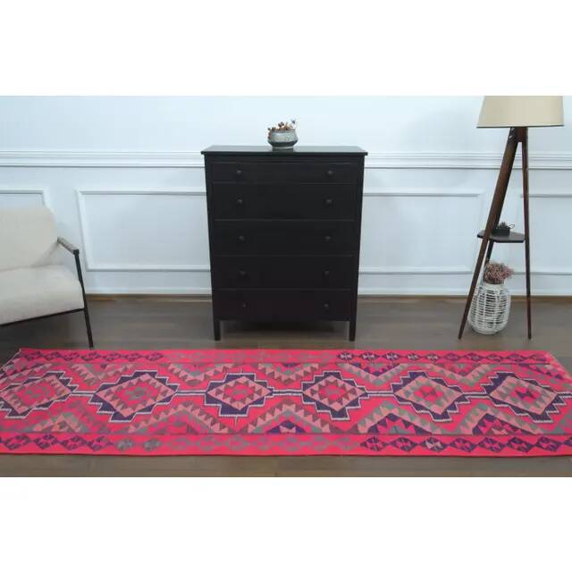 1970s Vintage Turkish Hand-Knotted Wool Cotton Pink Runner Rug 91x312