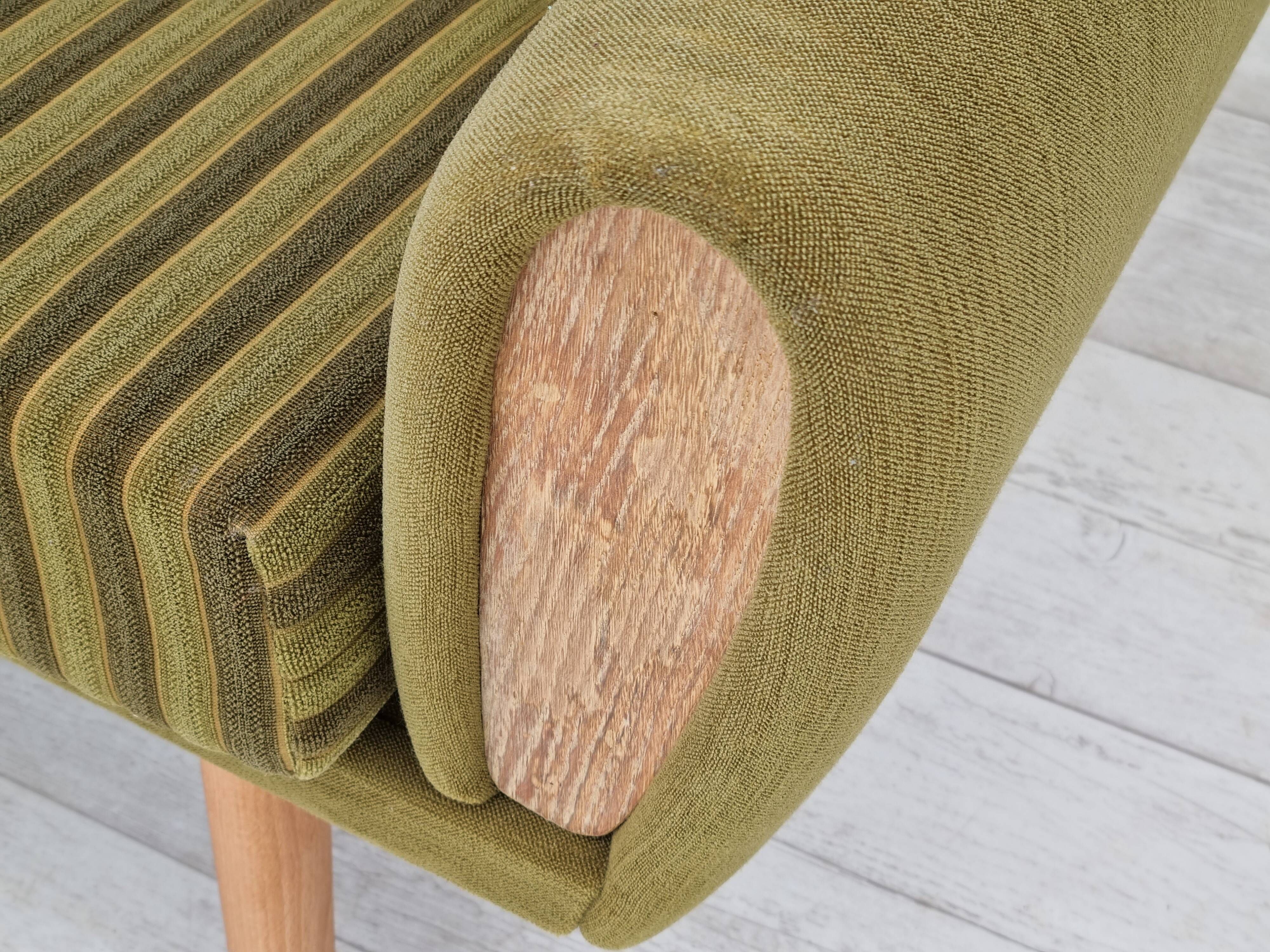 1970s, Danish 3-seater sofa, original very good condition, green furniture fabric, oak