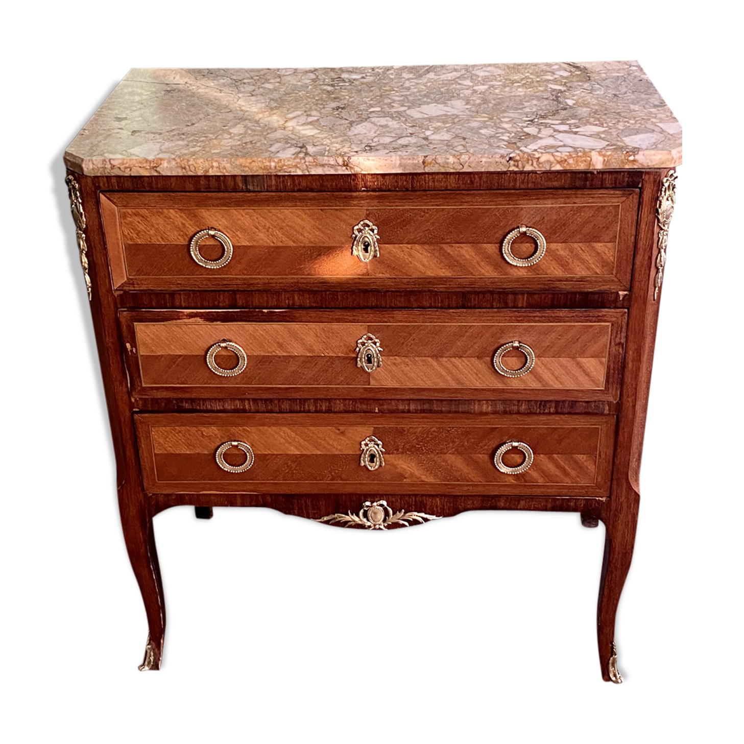 Small Louis XV-style chest of drawers  in veneer and bronze