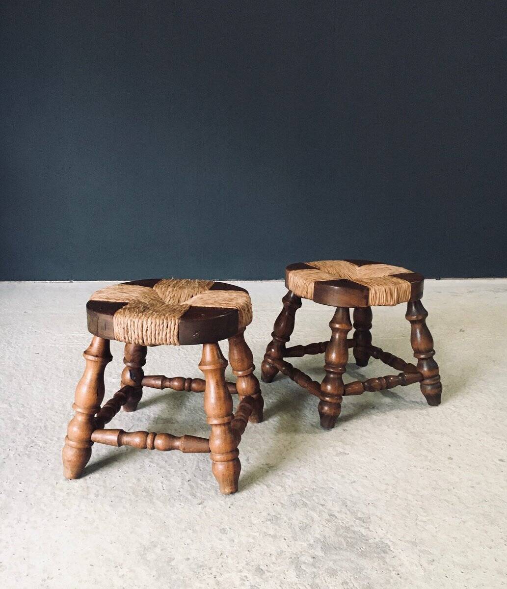 Rustic Low Oak and Rush Stools in the style of Charles Dudouyt, France, 1940s, Set of 2