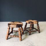 Rustic Low Oak and Rush Stools in the style of Charles Dudouyt, France, 1940s, Set of 2
