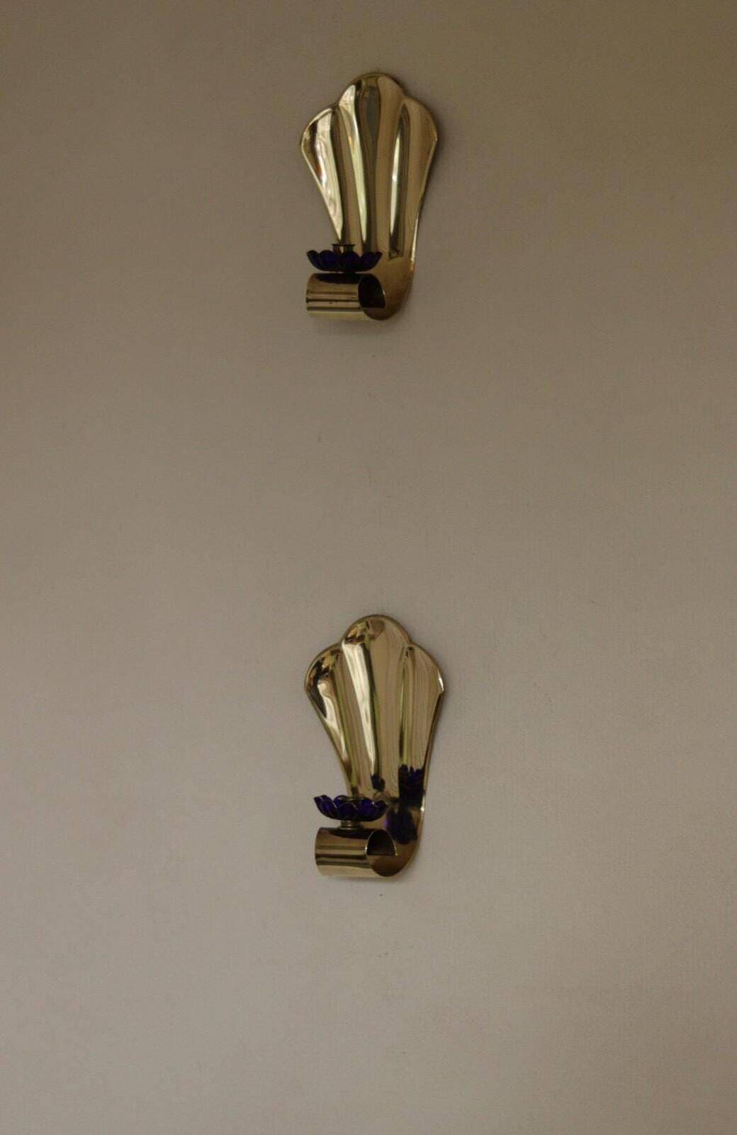 Pair Of Vintage Brass Sconces With Blue Flower Shape Bobeche (Drip Tray)