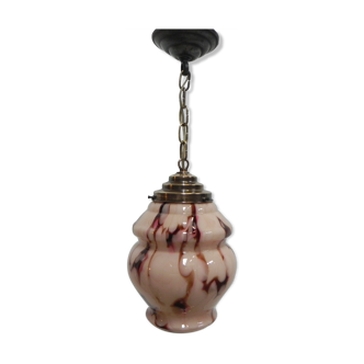 Art Deco hanging lamp with marbled salmon-coloured shade