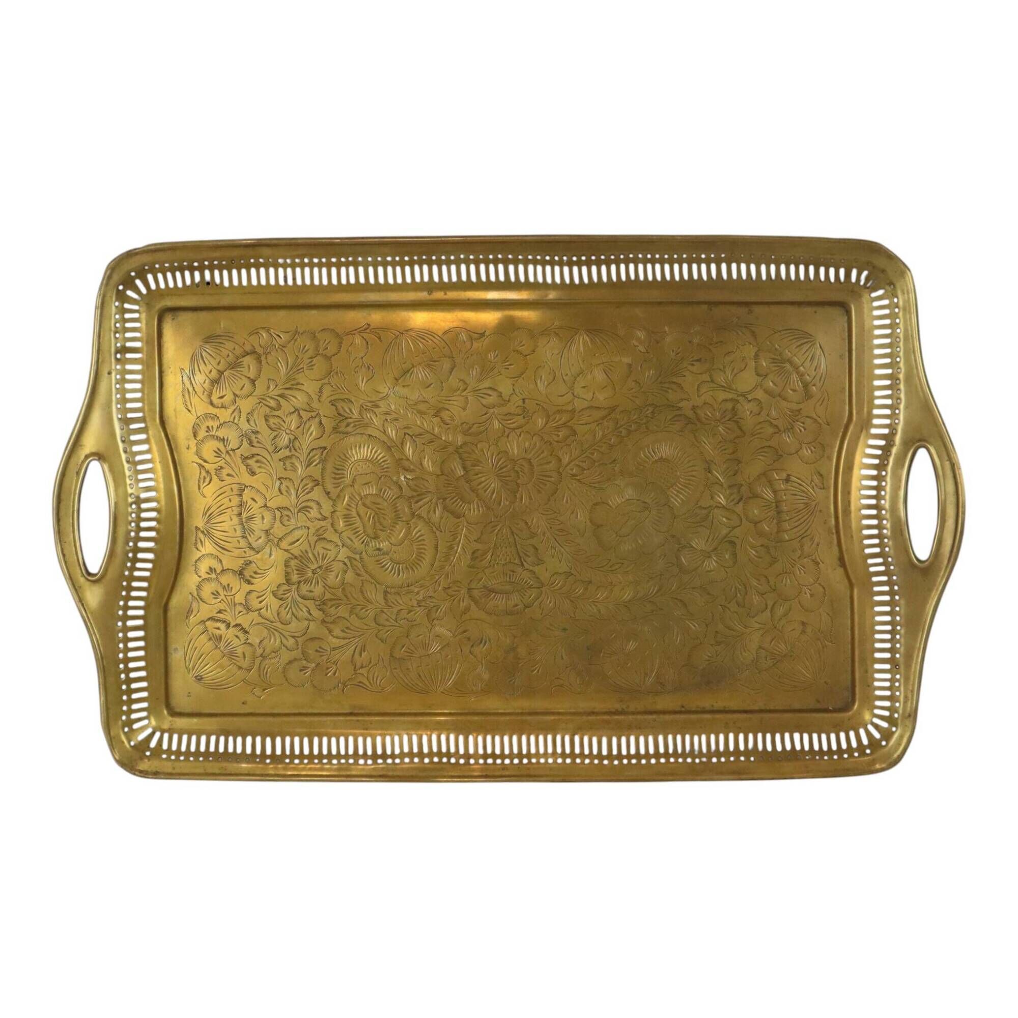Vintage Oriental Brass Tray with Floral Decoration, 50 cm