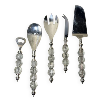 Silver-plated metal and glass serving utensils (salad/bottle opener/cheese/cakes)