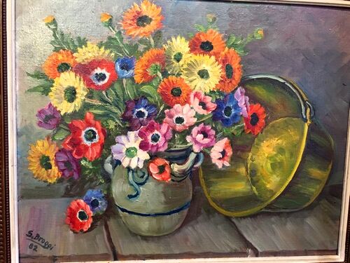 Bouquet of flowers signs S. Broggi 82 canvas on isorel