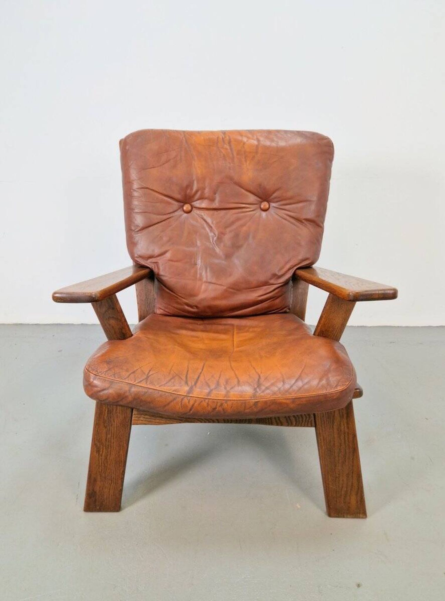 Brutalist Wood Armchair with Brown Leather Upholstery, Germany, 1960s