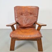 Brutalist Wood Armchair with Brown Leather Upholstery, Germany, 1960s