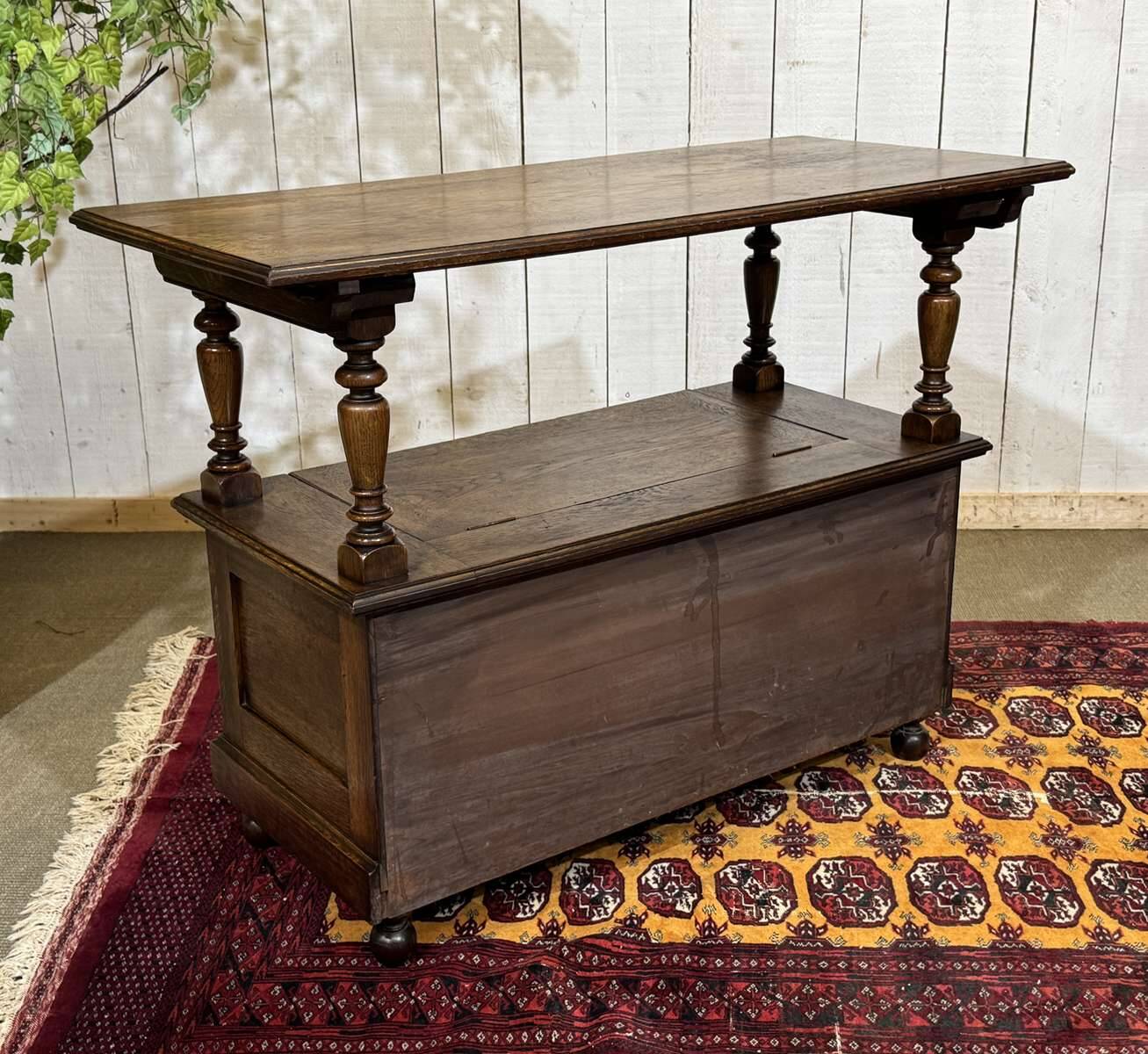 English oak bank safe from the 1930s that can serve as a console.