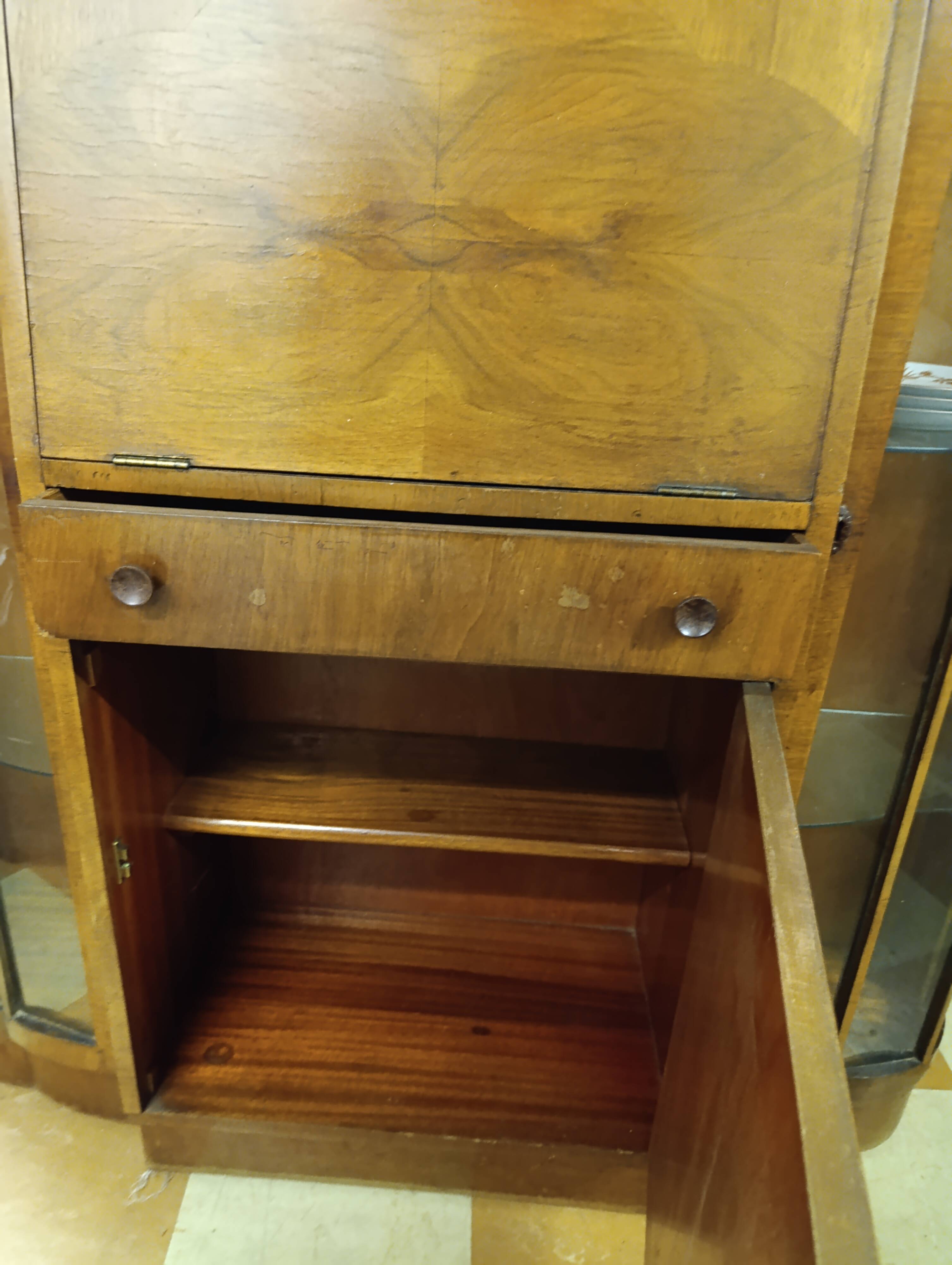 Art Deco style glass-fronted cocktail bar cabinet with folding desk