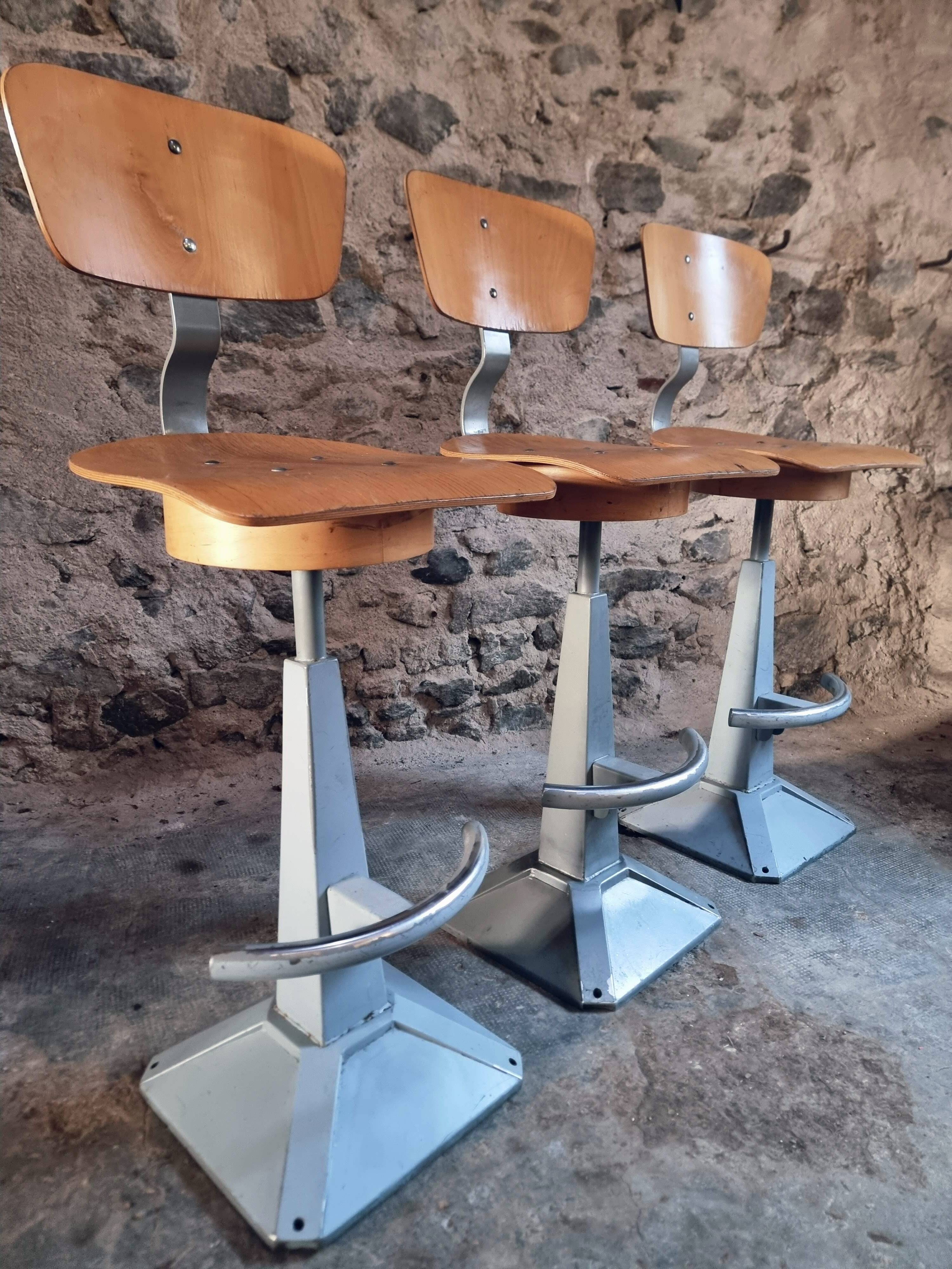 Set of 3 industrial swivel workshop chairs – fixed height bar stools – mid-century factory seats