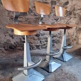 Set of 3 industrial swivel workshop chairs – fixed height bar stools – mid-century factory seats
