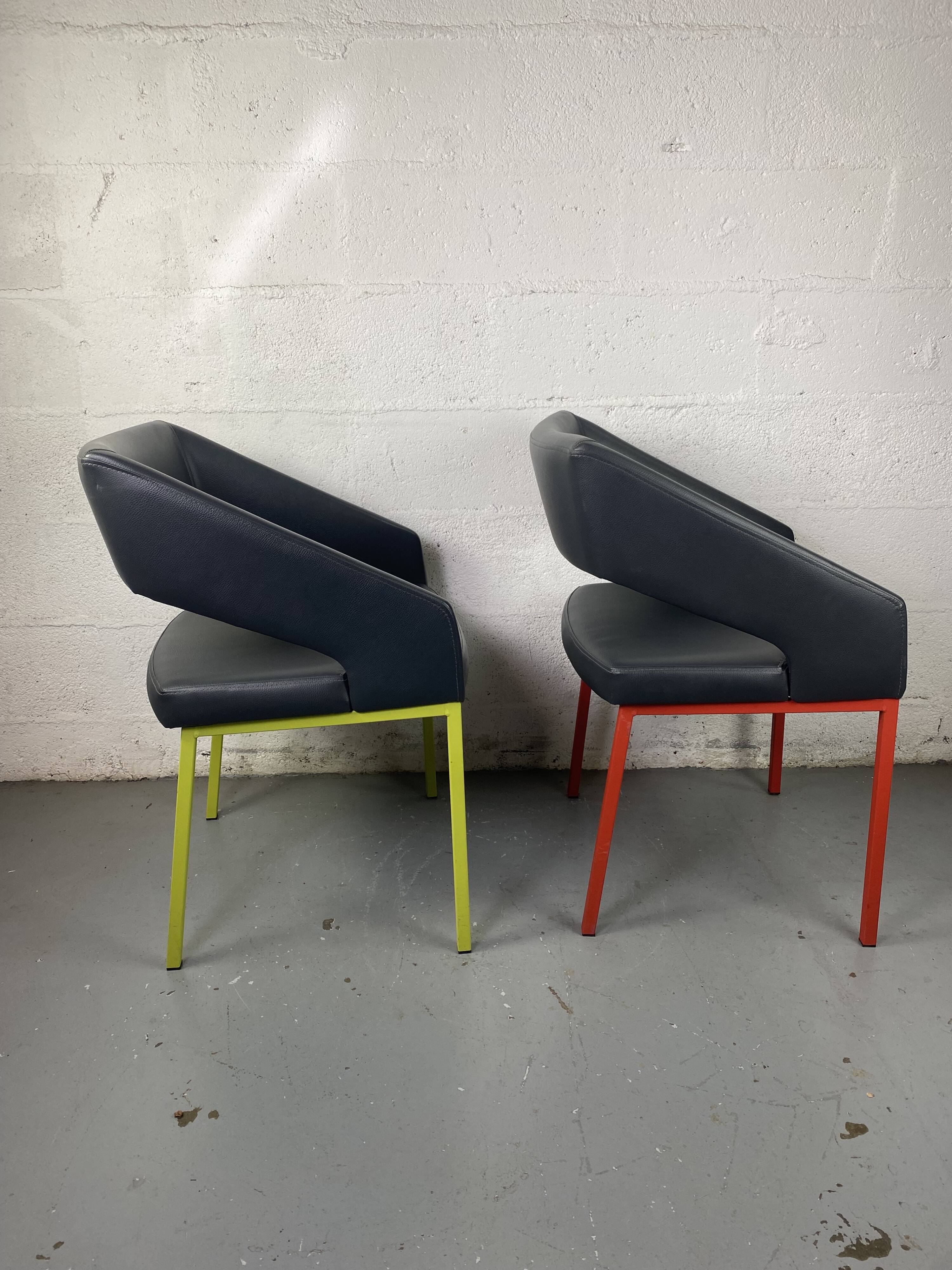 Pair of metal and leather armchairs / Green & Red