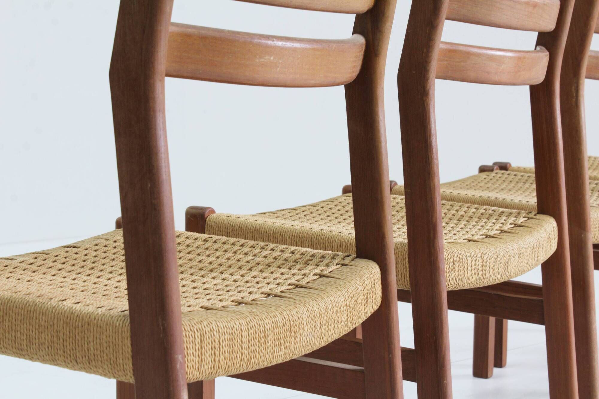 Mid Century Danish teak and paper cord dining chairs 1960s , set of 4