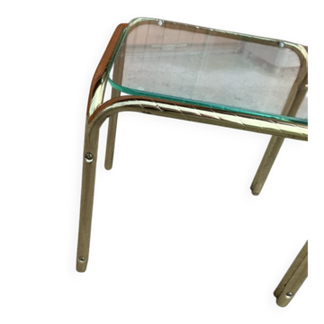 Vintage 1970s coffee table in gilded brass with a transparent glass top — straw yellow.