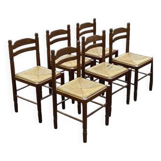 6 dark solid wood and straw chairs