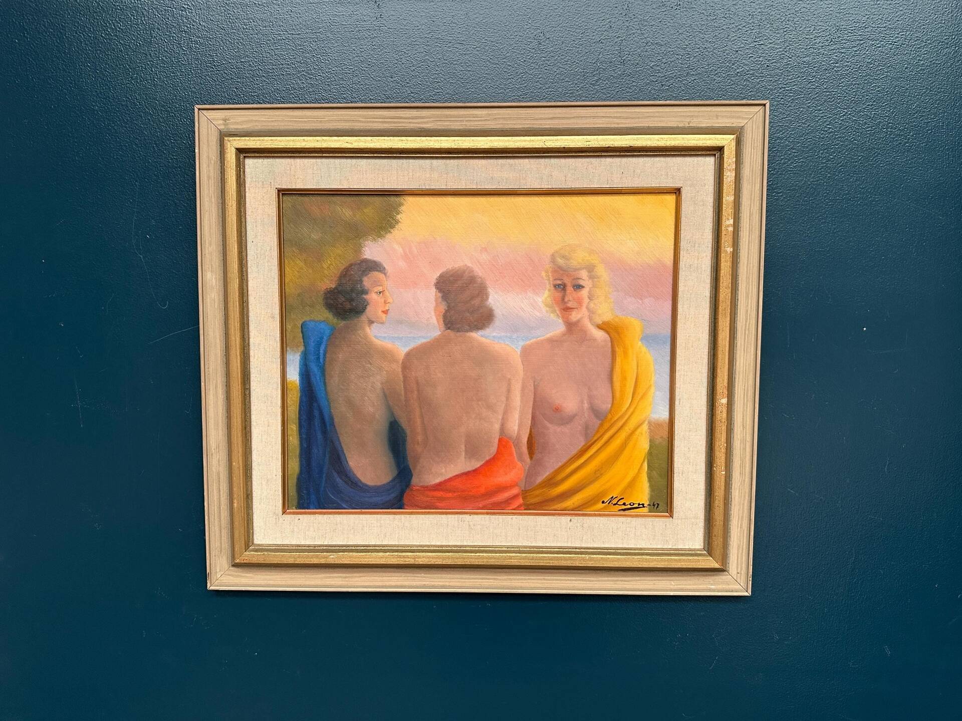 20th Century Oil on Panel – “Three Women” by N. Leon (1947) – Vintage