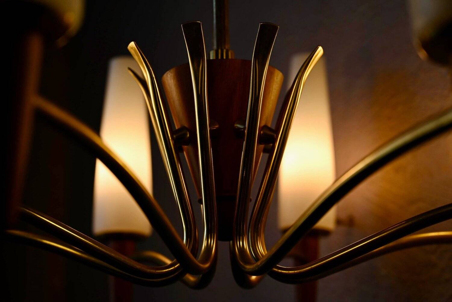 Scandinavian mid-century chandelier, teak, brass, opaline glass, 8 arms, 1950-1960.