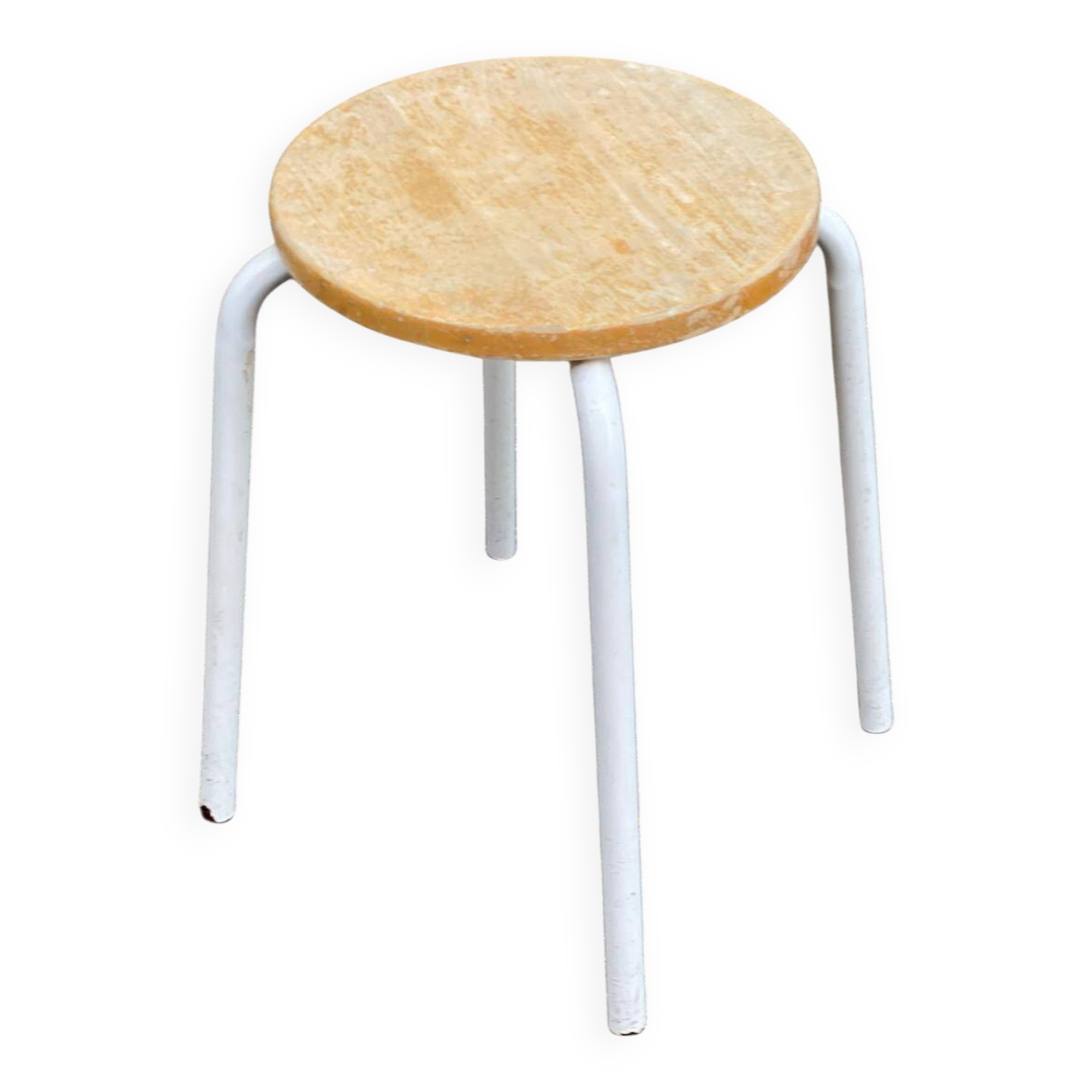 Scandinavian round stool in solid wood and white steel 1980 45cm