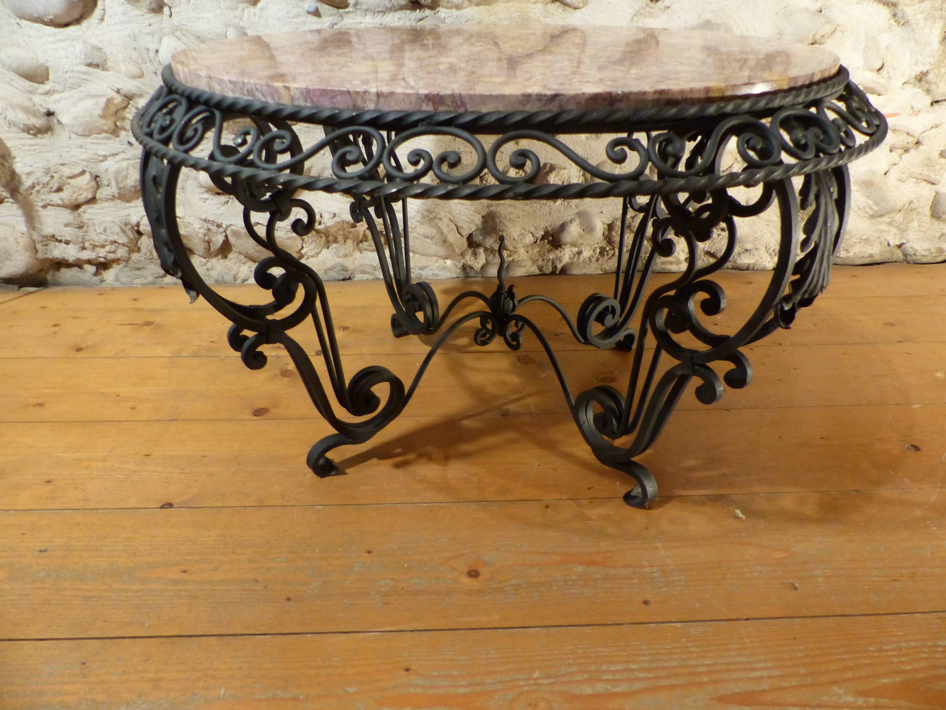 Wrought iron round coffee table and marble top
