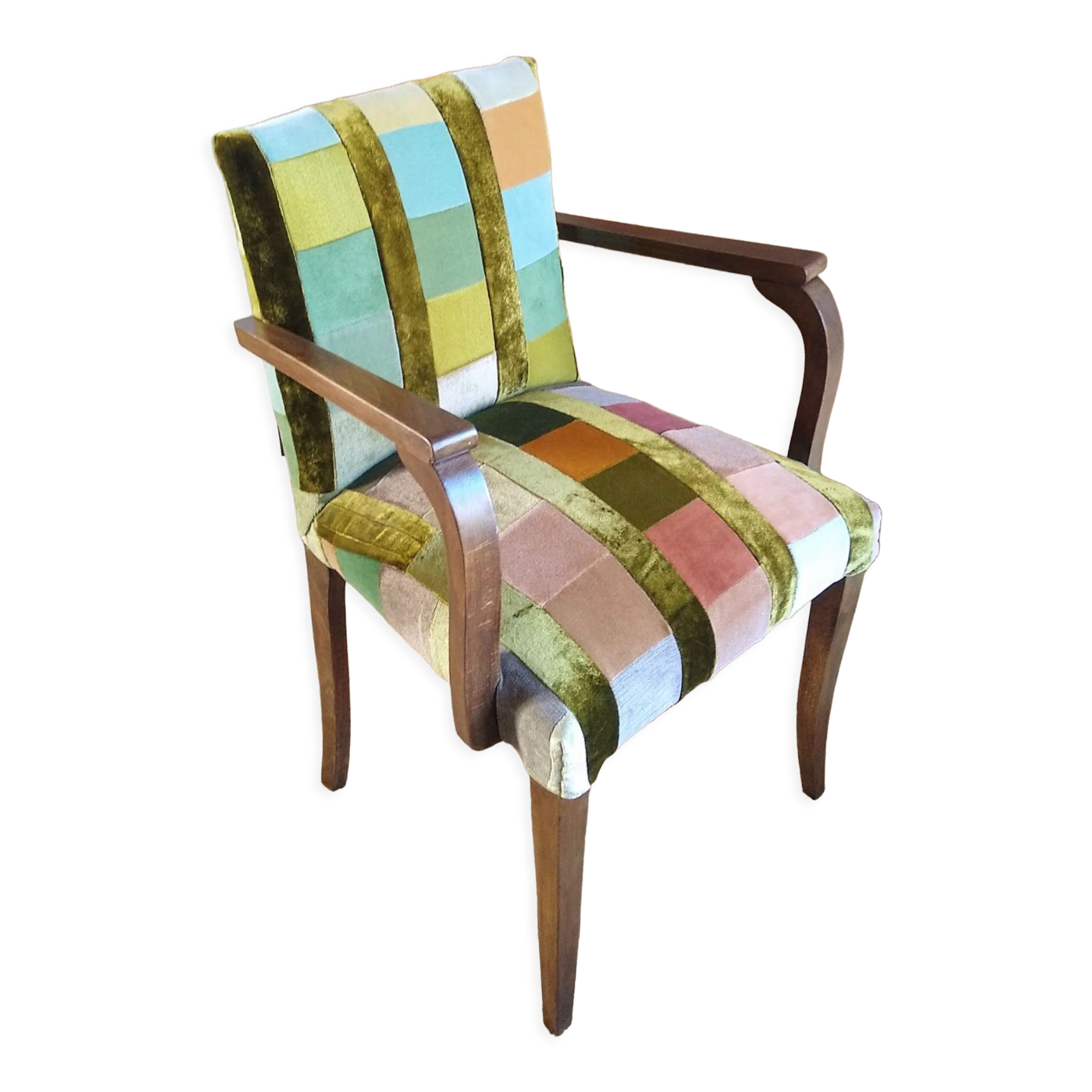 Fauteuil bridge des années 50 en patchwork de velours polychrome