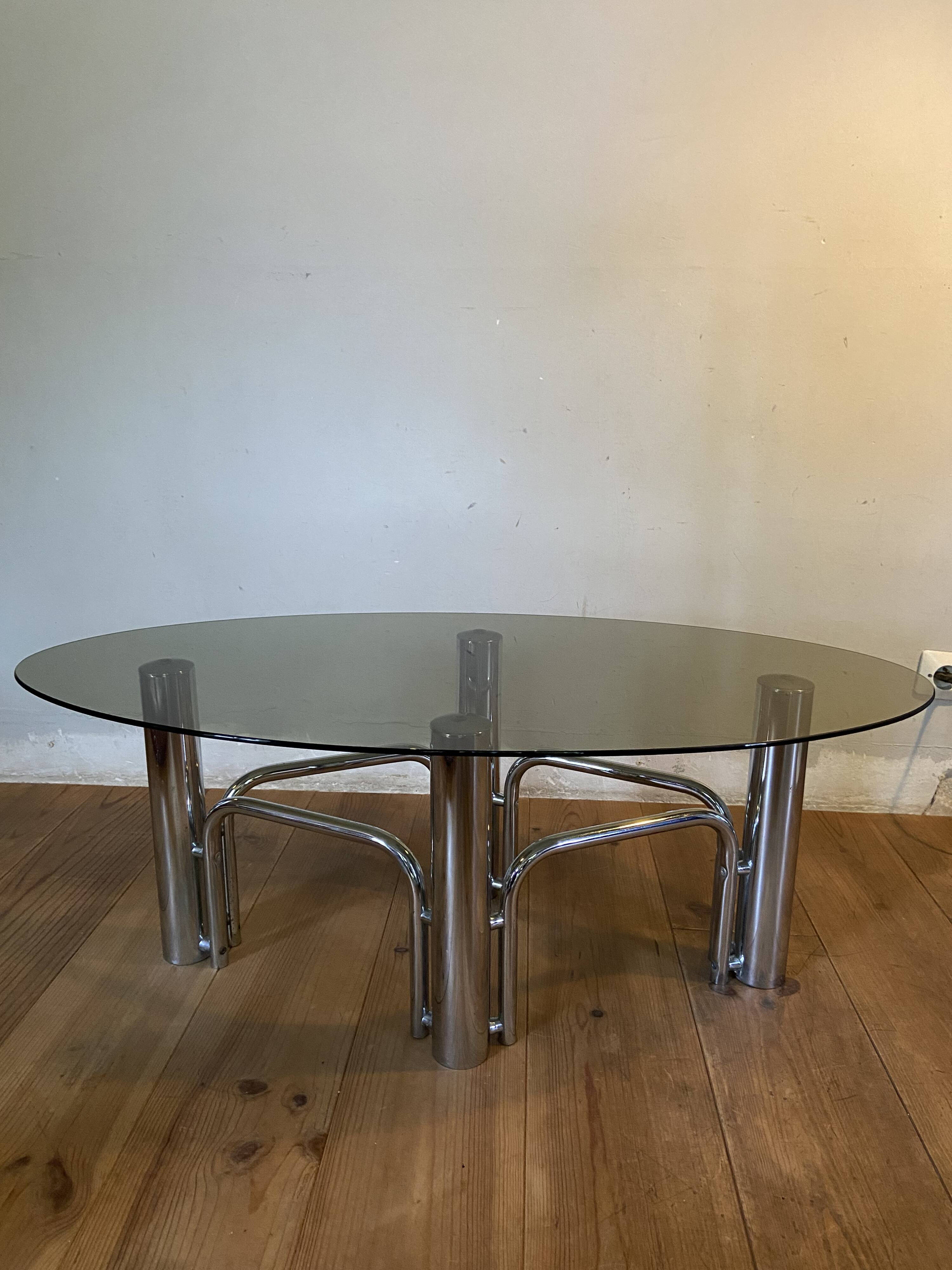 70s chrome and oval smoked glass coffee table